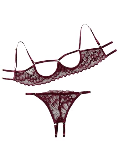 Image of Lilosy Sexy Underwire Floral Lace Sheer Lingerie Set for Women See Through Bra and Panty 2 Piece
