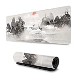 Chinese Painting Deer Sunrise Landscape Gaming Mouse Pad XL, Extended Large Mouse Mat Desk Pad, Stitched Edges Mousepad, Long Mouse Pad, 31.5 X 11.8 Inch