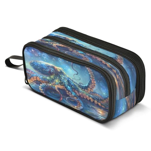 Image of ALAZA Octopus Blue Pencil Case for Boys Girls Kids Pencil Pouch 3 Compartment Pen Bag Large Capacity Storage Pencil Holder School Students with Zipper