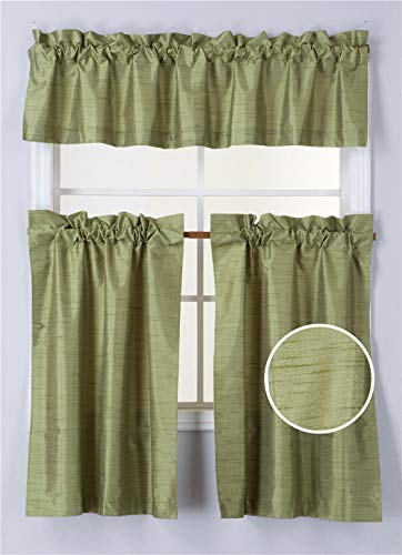 DiamondHome 3 Piece Faux Silk Blackout Kitchen Window Curtain Set 2 Tiers & 1 Valance Lined Thermal Blackout Drape Window Treatment, # K3 (Lime Green)
