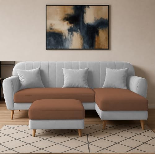 Image of Atticus RHS 4 Seater L Shape Sofa Set with Ottoman for Living Room (Brown Grey Fabric) Premium Fabric Sofa Set