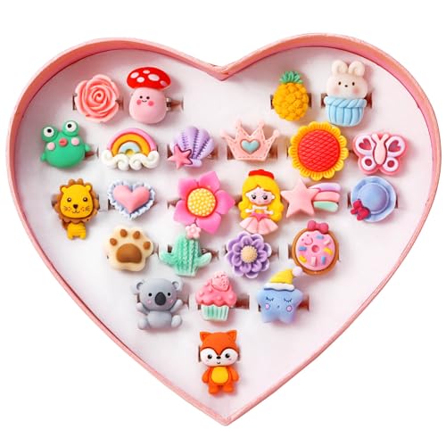 PinkSheep Little Girl Jewel Rings in Box, Adjustable, No Duplication, Girl Pretend Play and Dress Up Rings (24 Surface Ring)