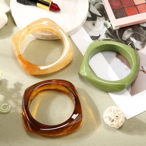 3 Pcs Colorful Square Acrylic Resin Bangle Bracelet Wide Geometric Irregular Wristbands Women3