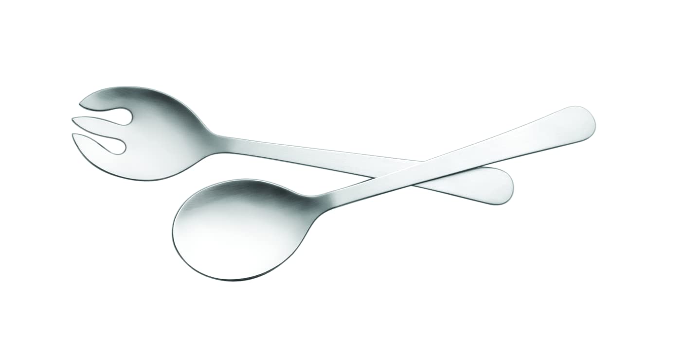 KOKO Stainless Steel Silver Serving Spoon & Salad Server Fork Shiny Polish Cutlery with Long Handle for Dining Table - Set of 2