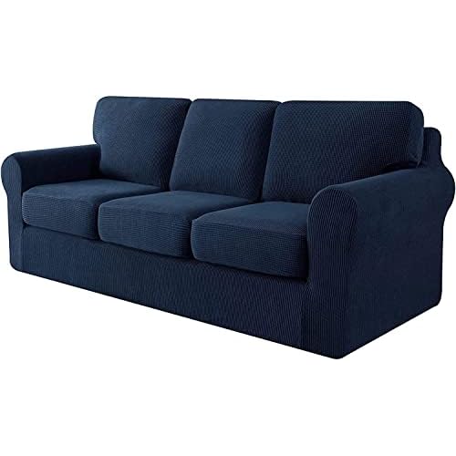 Stretch Loveseat Slipcover 5 Piece Set Couch Slipcover, 2-Seater Settee Sofa Cover with 2 Individual Backrest and Cushion Coat,Small Checks Spandex Fabric (Color : Navy, 3 seat (7 Pices))