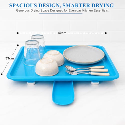 Image of JD FRESH Dish Drainer Tray with Water Drain Spout /BPA-Free Plastic Utensil Drying Tray /Countertop Kitchen Sink Organizer with Anti-Slip Feet /Multipurpose Drying Stand for Kitchen (12 x 17 Inch, Blue)