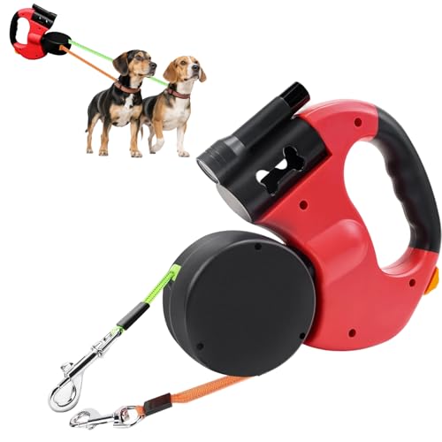 Guinzaglio per 2 cani, doppio guinzaglio con luce a LED, girevole a 360°, in nylon riflettente, regolabile, per cani di piccola taglia e grande