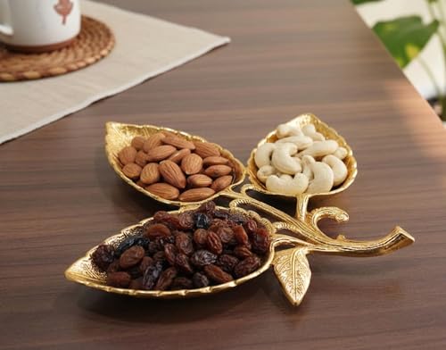 Image of Kridaykraft Metal Gold Polish Leaf-Shaped 3-Section Dry Fruit Tray, 17x17 cm, 250 gm, Decorative Serving Platter