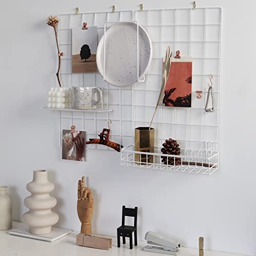 Friade Wall Grid Panel For Photo Display,Wall Storage Organizer,5 Metal Clips & 3 S Hooks & 4 Nails & 4 Plastic Hanging Buckles And 4 Screws Offered,Size 17.5" X 11.8",Set Of 2 (White) #TOP3