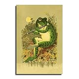 WallDeer Art Banjo Frog Poster Vintage Animal In The Moonlight Wall Art Canvas Painting Creativity P