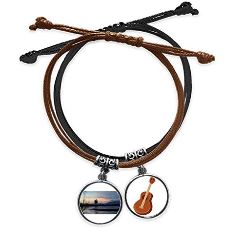 Pulsera de cuero DIYthinker con amuleto de guitarra y diseño de atardecer en la playa