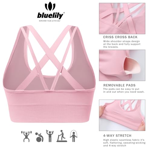 Image of BLUELILY Sports Bra for Women Medium Support Criss Cross Strappy Bras Seamless Padded High Impact Yoga Athletic Exercise Bras