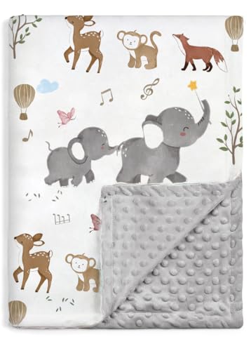 BOPRIO Baby Blankets for Unisex Boys Girls, Super Soft Nursery Minky Blankets with Woodland Animal Design and Dotted Fleece Backing, Printed Bed...
