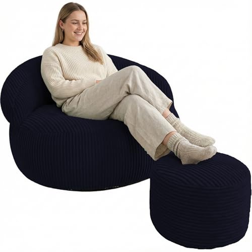 bananair – Puff Sillón para Salón y Dormitorio en Pana con Reposapiés - Puff Sillón XXL Suave - Funda Lavable - Ideal para Salón y Dormitorio, Adultos y Adolescentes (110 × 100 cm, Azul Oscuro)