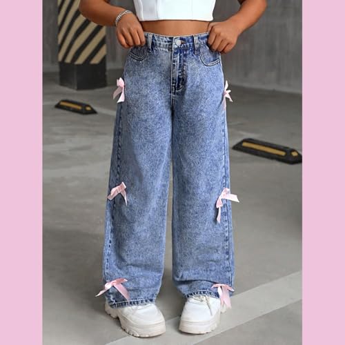 Bow Jeans for Girls 10-12, 6-14 Jeans with Bows for Teen Girls, Wide-Leg High-Waist Elastic Waist4