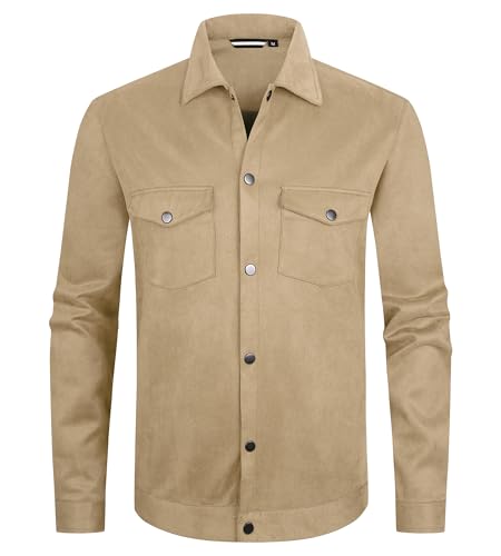Alex Vando Mens Suede Shirt Jackets Long Sleeve Two Pockets Snap Casual Button Down Shirts
