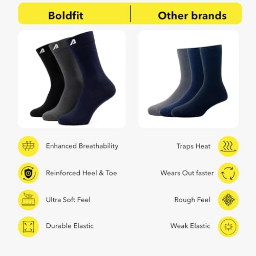 Image of Boldfit Socks for Men Combed Cotton Crew & Calf Length Formal Socks Breathable Anti-Odour Arch Support Anti-Slip Fit Reinforced Heel & Toe Soft Durable Office & Casual Wear, Pack of 3