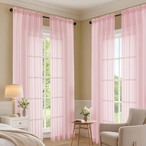 Image of OVZME Blush Pink Bedroom Curtains 96 Length for Farmhouse, 59 Inch Extra Wide Light Filtering Voile Drapes Light Airy Window Decor for Patio Door Living Room Bedroom Dining, 59Wx96L Inches