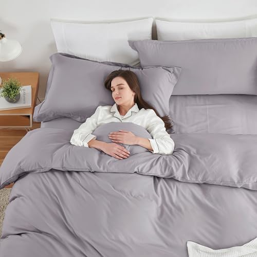 Image of Hearth & Harbor Grey Lavender Duvet Cover with Fitted Sheet Queen Size | 4 Piece Soft Double Brushed Bedding Set, Button Closure, 1 Duvet Cover 90x90 Inches, 1 Fitted Sheet, 2 Pillow Shams