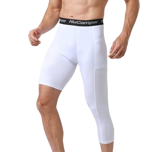 NuCamper Calças de compressão de uma perna 3/4 para homem, basquetebol camada base com bolsos, leggings funcionais, secagem rápida respiráveis, leggings para correr treino ioga e ciclismo, Esquerda