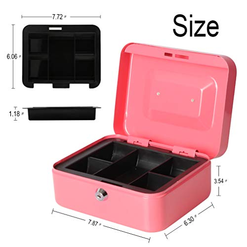 Decaller Cash Box With Money Tray, Metal Locking Money Box With Key Lock For Security, 7 4/5" X 6 4/5" X 3 3/5", Pink #TOP1