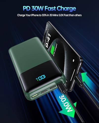 Image of Portable Charger Power Bank 50000mAh, USB-C PD 30W Fast Charging External Battery Pack with 4 Outputs & 2 Inputs, Portable Phone Charger for iPhone 17 /1615 /14 /13 /12 /11 Samsung Android (Dark Green)