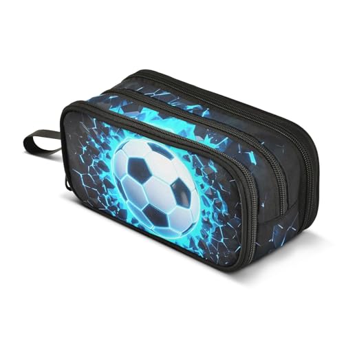 Image of 3D Soccer Football Blue Pencil Case Box Boys Girls Large Pencil Pouch Zipper Compartments Big Capacity Stationery Pen Bag Organizer for Kids Teens Adults School Office