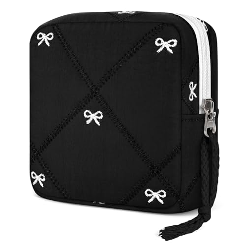 Image of Likesing Period Bag Pouch, Quilted Cotton Tampon Holder for Purse-Black Bow | Period Pouches for Teen Girls, Women Portable Sanitary Napkin Storage Bag, Feminine Sanitary Bags Emergency Pad Pouch