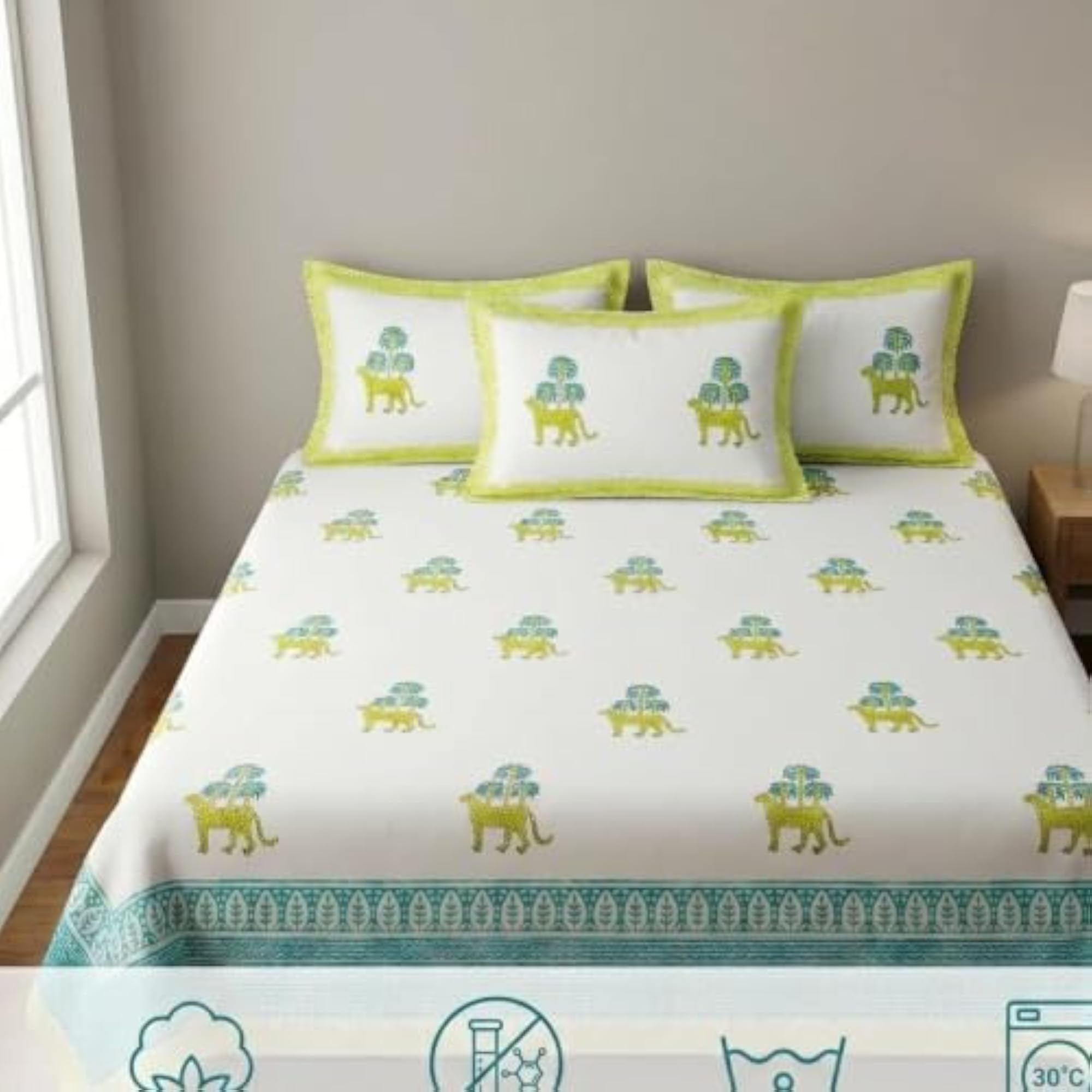 King Size Handblock Print Percale 400 TC Cotton Bedsheet, White Base