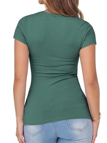 Image of Albe Rita Women Short Sleeve T-Shirt Cap V Neck Shirts for Women Ribbed Casual Top Knit Slim Fit for Summer