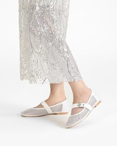Lryweisy Women Mesh Ballet Flats Rhinestone Block Heel Walking Flats Shoes Round Toe Buckle Strap Mary Jane Flats3