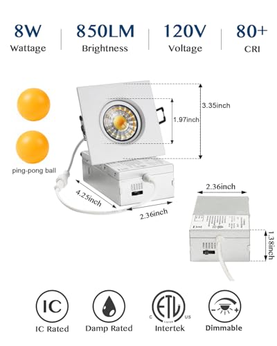 Image of 3 Inch Gimbal Recessed Light 8W 5CCT Selectable, 360 Rotatable Square Downlight with Junction Box, Wet Location Dimmable Wafer Lights, 3 Inch 6Pack Gold