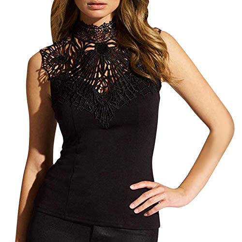 Chen Women Sleeveless Vest Tank Tops Blouse Stand Collar T-Shirt (L, Black)