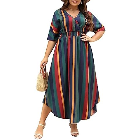 Nemidor Womens Casual Plus Size Boho Print V Neck Flared Maxi Dress with Pocket NEM403(22,Green Stripe) Cover