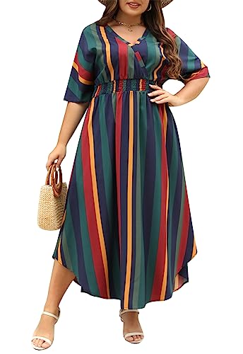 Nemidor Womens Casual Plus Size Summer Maxi Dresses Boho Print Flared Long Dress with Pocket 14-26