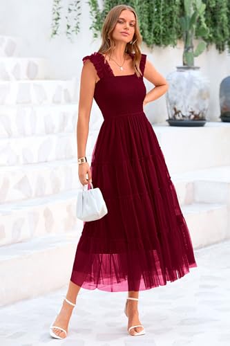 PRETTYGARDEN Women's Summer Tulle Midi Dress Sleeveless Smocked Ruffle Mesh Flowy Dresses Party Wedding Guest Sundress