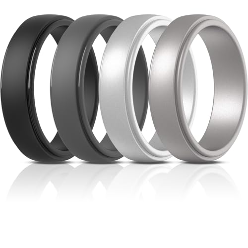 ThunderFit Silicone Rings for Men, Stepped Edge Rubber Wedding Bands - 1/4 Variety Multipack