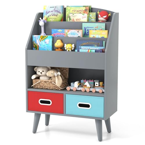 HONEY JOY Kids Bookshelf, Children Book Display Rack with 3-Tier Bookshelves, Open Compartment & 2 Fabric Drawers, Bookcase Toy Organiser for Playroom, Classroom & Nursery, for Toddlers 3+ Years, Grey