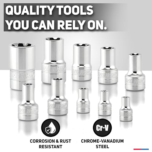 Neiko 02473A External Torx Plus Socket Set,10 Piece | 1/4-Inch EP6 - EP8, 3/8-Inch EP10 - EP16, 1/2-Inch Square Drive EP18 and EP24 | CR-V Steel