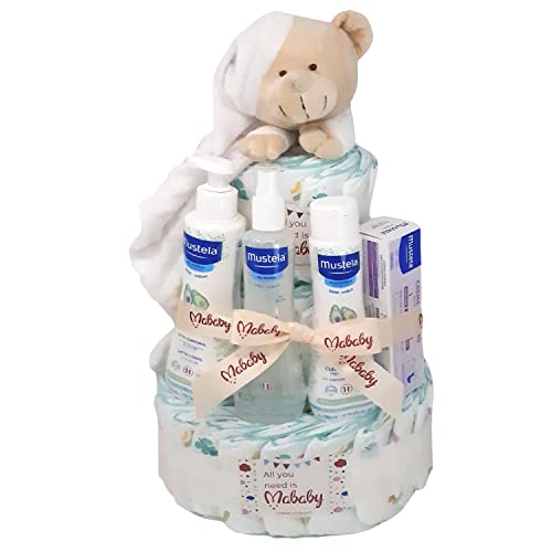 Mababyshop, Tarta Pañales Mis Primeros Cuidados, 42 uds talla 2, Colonia, Gel 200, Hidra Bebé 300, Toallitas, Crema Pañal 50 ml y Dou Dou de Apego, Regalos. Tarta Recien Nacido Original (Blanco)