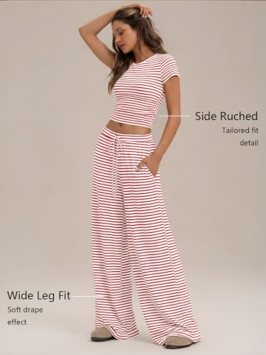 Image of Trendy Queen Women's 2 Piece Matching Summer Lounge Set with Pockets | Vacation Airport Travel Outfits, Workout Gym Clothing Comfy Athleisure Clothes, Side-ruched Top, Drawstring Wide Leg Pants