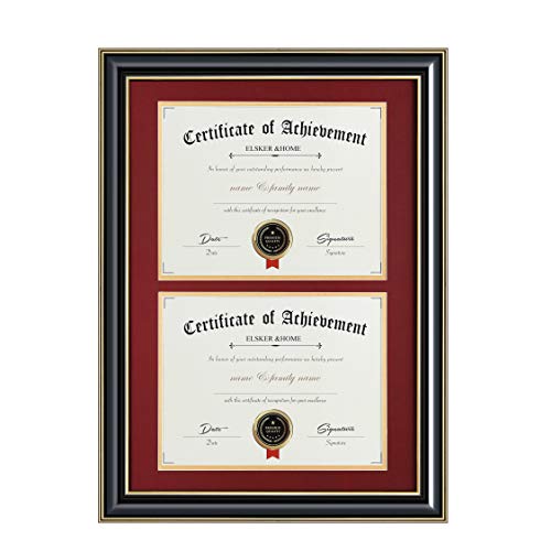 Image of ELSKER&HOME Double Diploma Frame for Two 8.5x11 with Red Mat,Wood Black | Made for Certificates&Document 13.5x20 Inch Without Mat for Documents Certificates (Double Mat, RED Mat with Golden Rim)