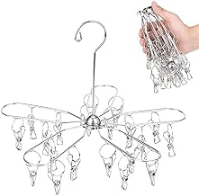 Estoder Foldable Clothes Drying Hanger Stainless Steel Laundry Drying Rack with 20 Clips, Sock Dryer Hanger for Hanging Underwear, Towels, Baby Clothes, Lingerie, Bra, Hat, Scarf, Gloves, Diapers