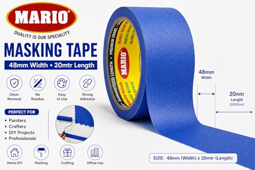 Image of Mario Blue Masking Tape - 20 Meter Length, 48mm Width - Extra Wide Masking Tape for Painting, DIY & Surface Protection - Strong Adhesion, Clean Peel - Pack of 1 Roll
