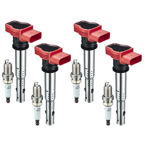 Image of Set of 4 Ignition Coil Pack UF529 and Iridium Spark Plugs 4644 4 Pack Compatible with Audi A3 A4 A5 Quattro Q5 TT Quattro VW CC Golf GTI Jetta Passat 1.8L 2.0L L4 3.0L 3.2L V6