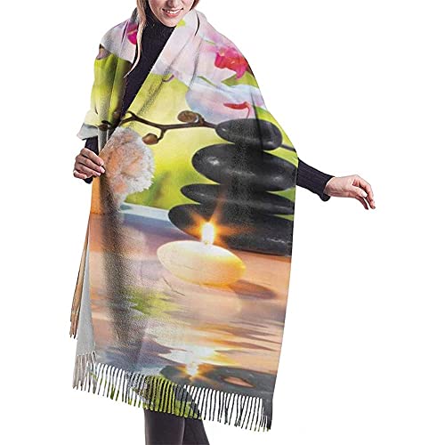 Châle de massage à pompons pour spa - Bougies d'orchidées - Châle léger - Écharpe douce avec pompon, Comme indiqué sur la photo, taille unique