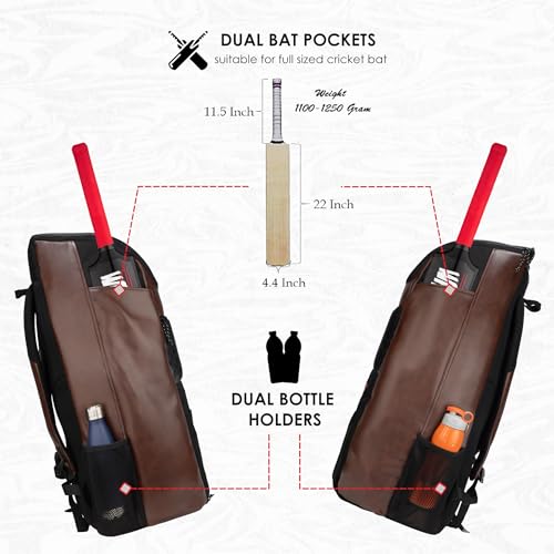 Image of WHACKK Lara 72L | Premium Artificial Vegan Faux Leather Cricket Backpack|KitBag|Adult Size|2 Bat Pocket|Shoe /Helmet Pocket|Fit 18 inch Leg Pad 2 Bottle Holder|Easy Access|Player Senior (Brown)