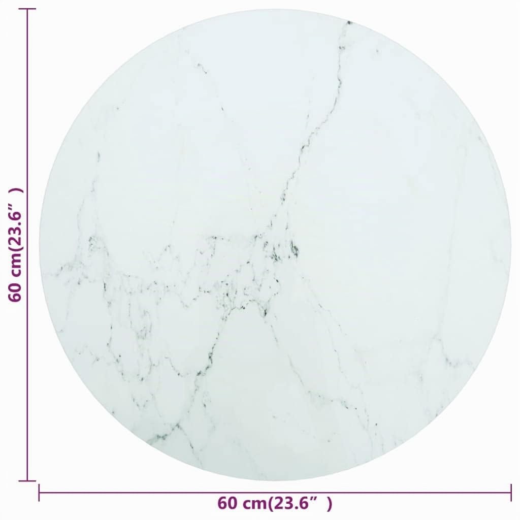 Dessus de table blanc Ø60x0,8cm verre trempé avec design marbre