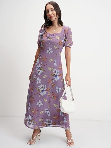 Image of Tokyo Talkies Women's Elegant Floral | A-Line Midi Dress | Sweetheart Neck | Short Sleeves |Front Slit & Gathered Detail