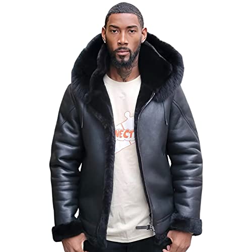 Men's Black Leather Shearling Jacket with Fur Hood3
